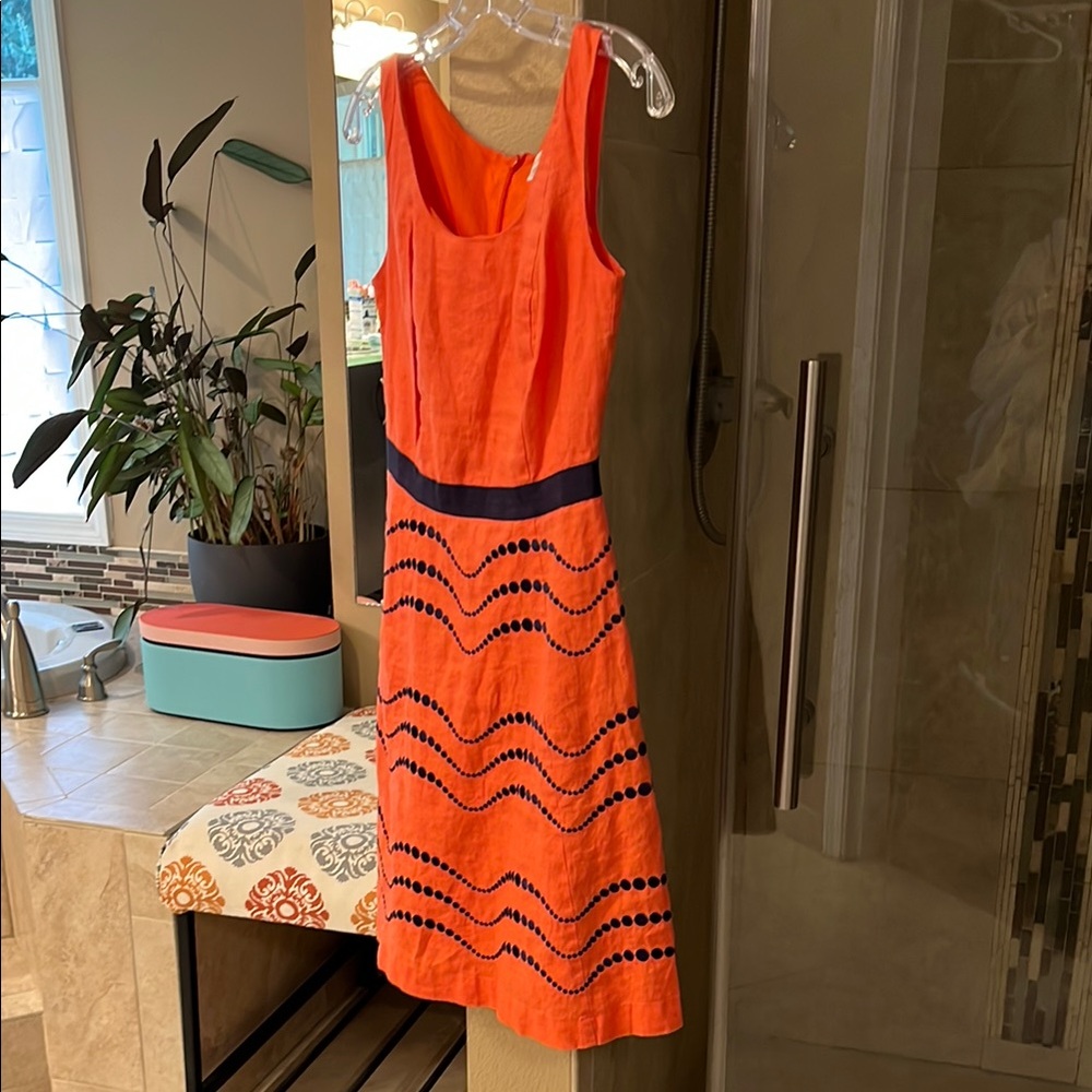 EUC Boden sleeveless dress - embroidered linen bright orange and navy sz 2R